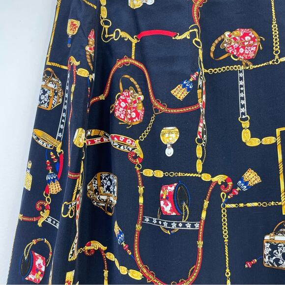 Vintage Y2K Classic Horsebit Chain Ribbon Floral Navy Blue Silk Wrap Skirt 4P 4 - Picture 2 of 8